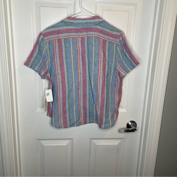 Frame Stripe High/Low Linen Shirt In Purple Multi S - Picture 4 of 16